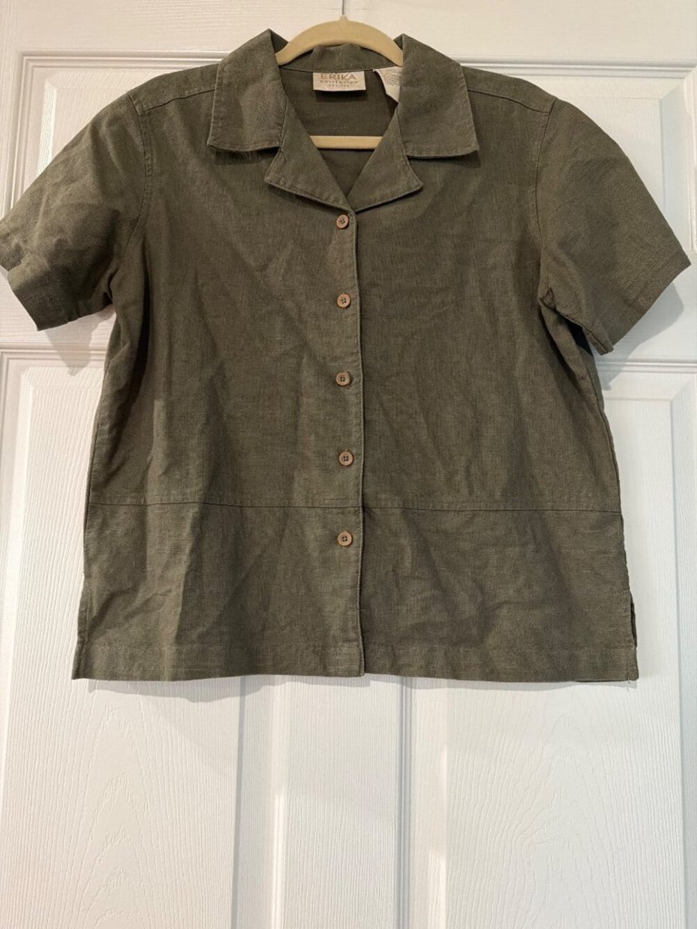 Erika Collection Petite Linen-Blend Button-Up Shirt PM Short Sleeve Green